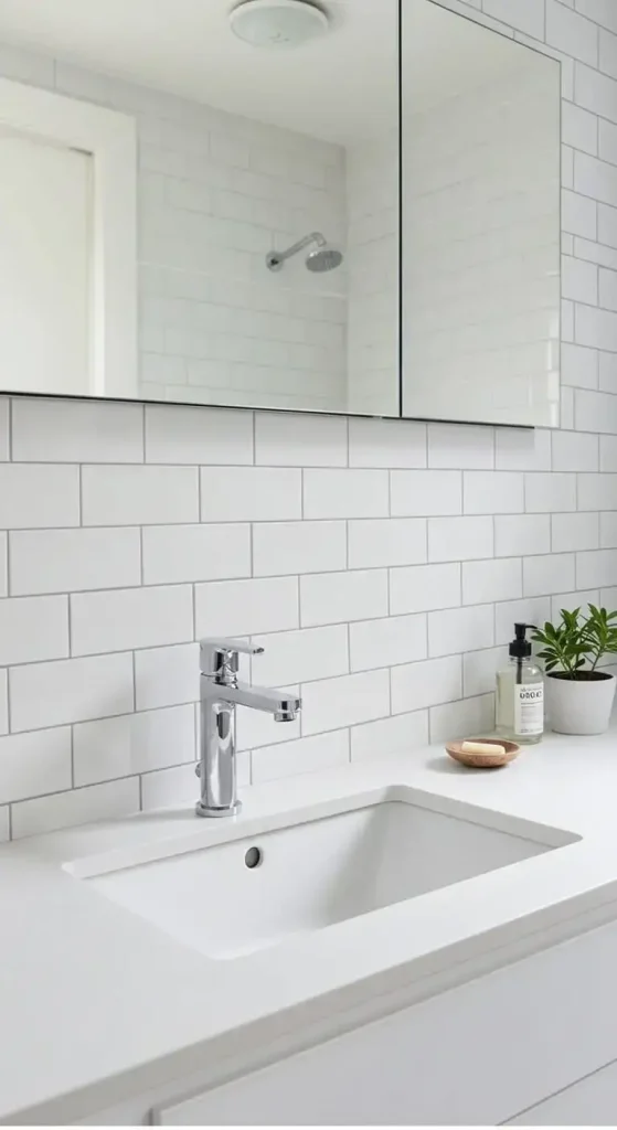 15 Simple & Stunning White Bathroom Backsplash Ideas 1 1. Classic Subway Tile Backsplash