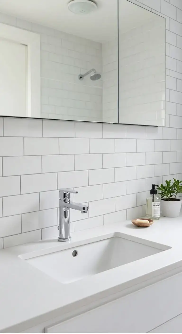 15 Simple & Stunning White Bathroom Backsplash Ideas 3 1. Classic Subway Tile Backsplash
