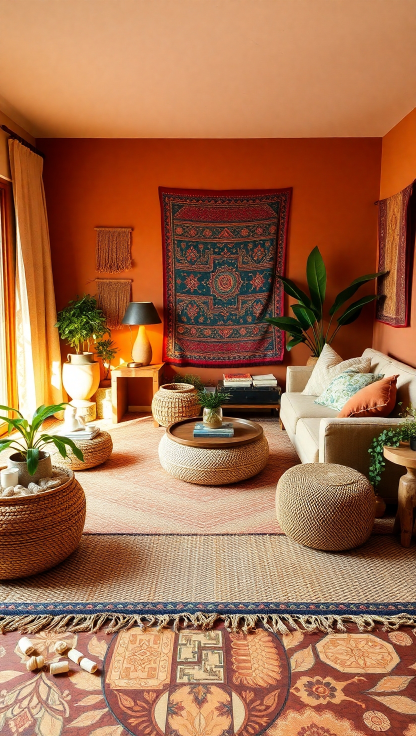 25 Boho Living Room Ideas to Transform Your Space 2 Layered Rugs for a Cozy Look