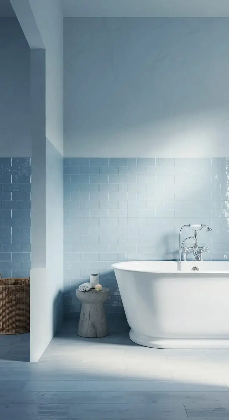 13 Simple & Stunning Blue Bathroom Backsplash Ideas 4 1. Light Blue Subway Tile Backsplash