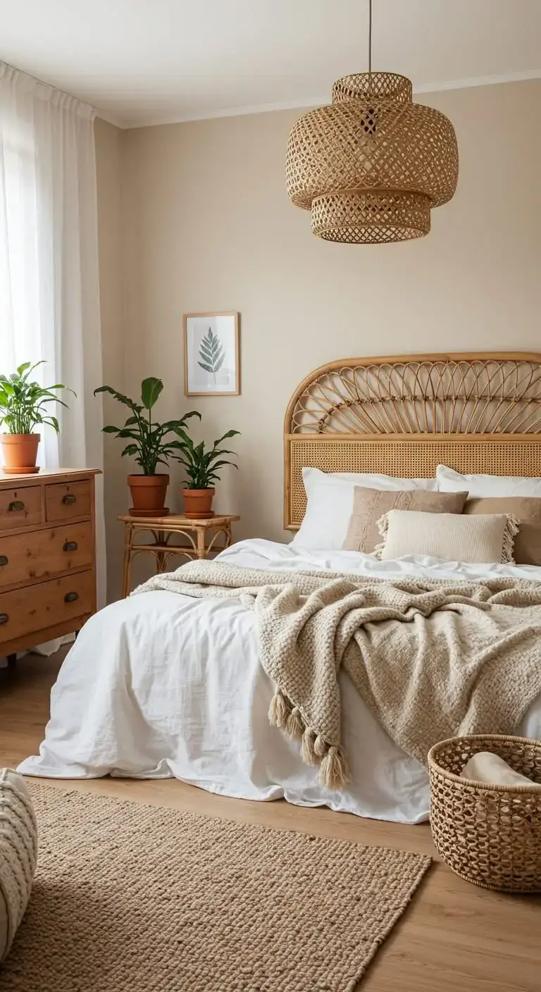 23 Boho Bedroom Headboard Ideas That Feel Warm & Stylish 3 1. Rattan Headboard for a Natural Touch