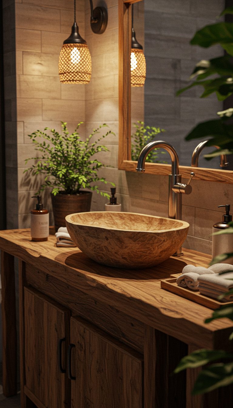 14 Boho Bathroom Sink Ideas for a Stylish Space 3 Rustic Wooden Vanity with Vessel Sink