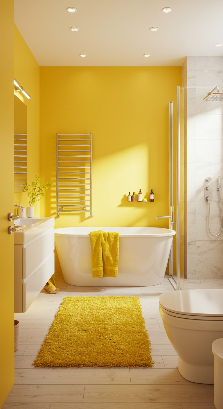 17 Bright and Stylish Yellow Bathroom Ideas You’ll Love 3 Sunny Yellow Walls for a Radiant Glow