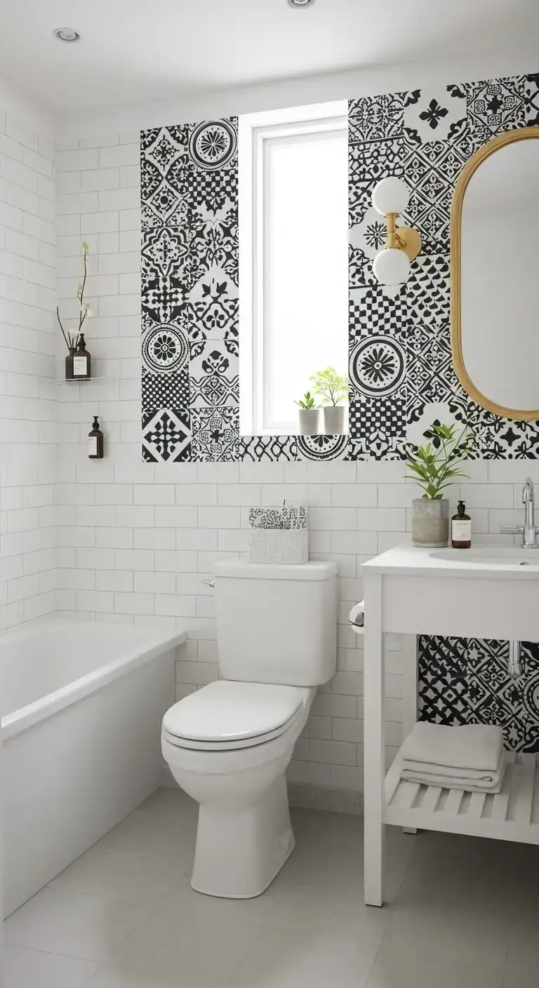 15 Easy Bathroom Backsplash Ideas Peel and Stick for Quick Upgrades 12 10. Black and White Patterned Peel and Stick