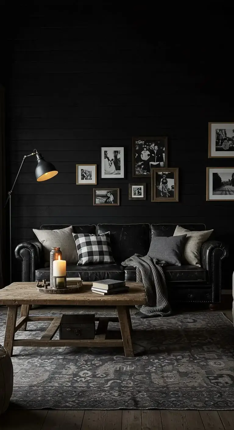 Black Living Room Ideas to Transform Your Space 13 10. Black Shiplap Walls for a Rustic Touch