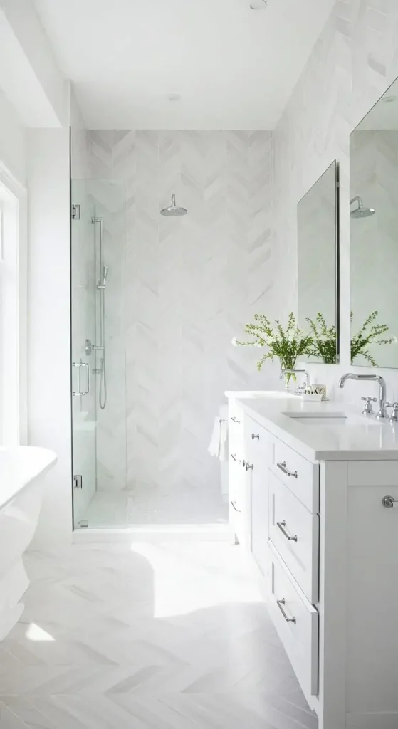 15 Simple & Stunning White Bathroom Backsplash Ideas 10 10. Chevron Pattern Tile Backsplash