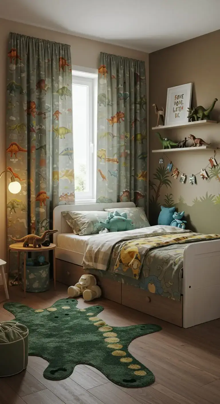 21 Dinosaur Bedroom Ideas For Boy Toddlers You’ll Love 12 10. Dinosaur-Themed Curtains