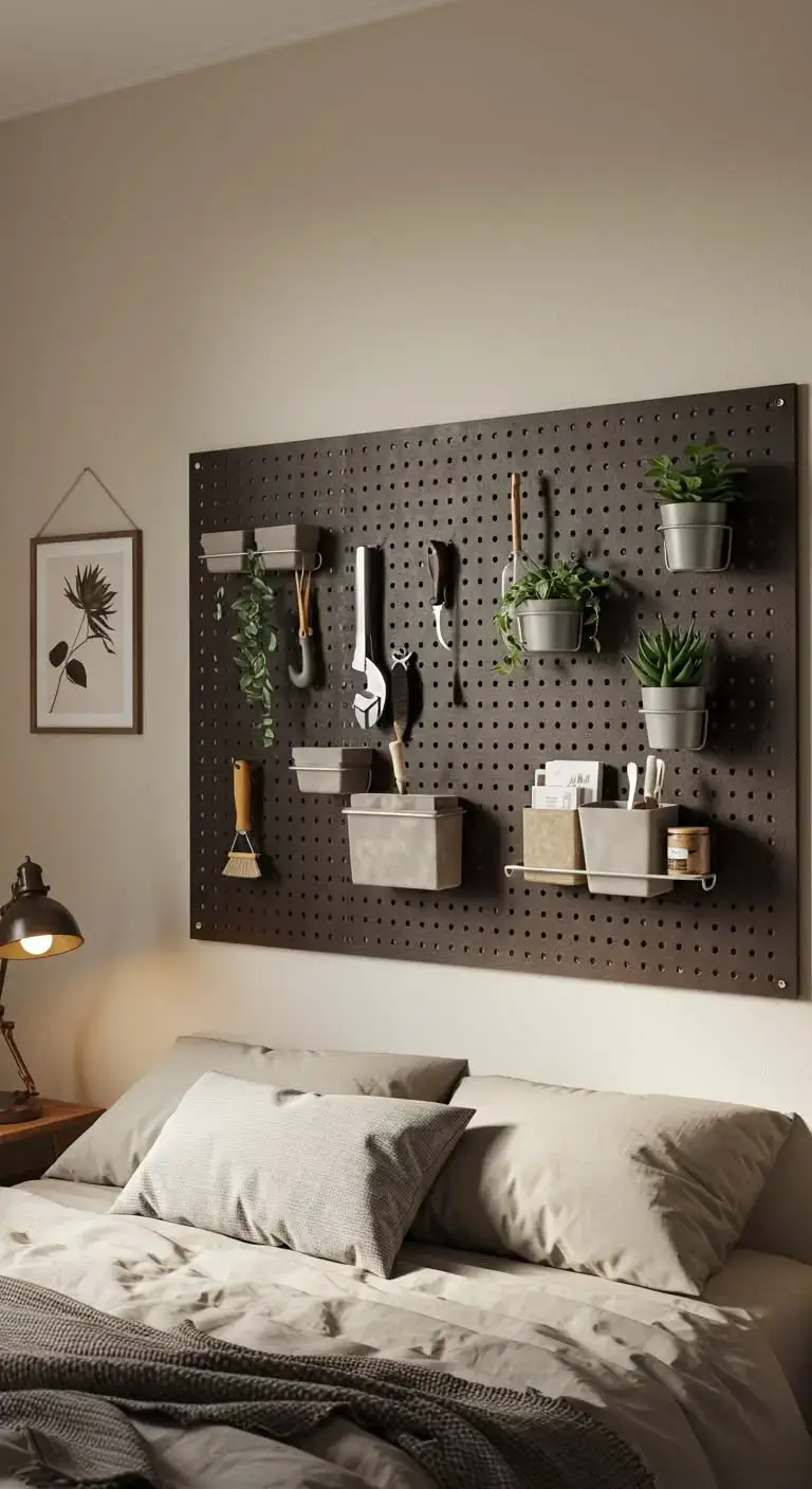 15 Bedroom Wall Decoration Ideas You’ll Love 12 10. Display a Pegboard for Functional Decor