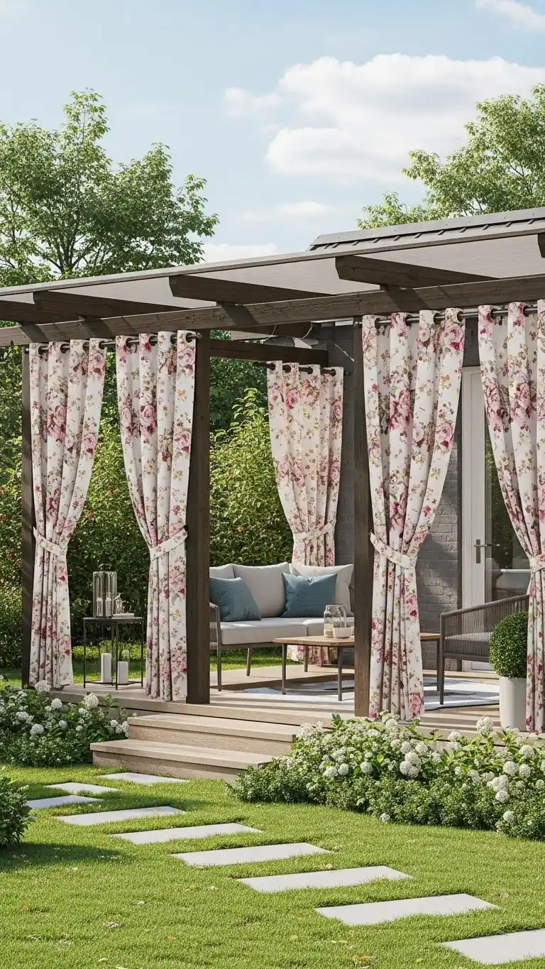 12 Stylish Backyard Patio Curtain Ideas for Every Home 12 10. Floral Print Curtains for a Charming Look