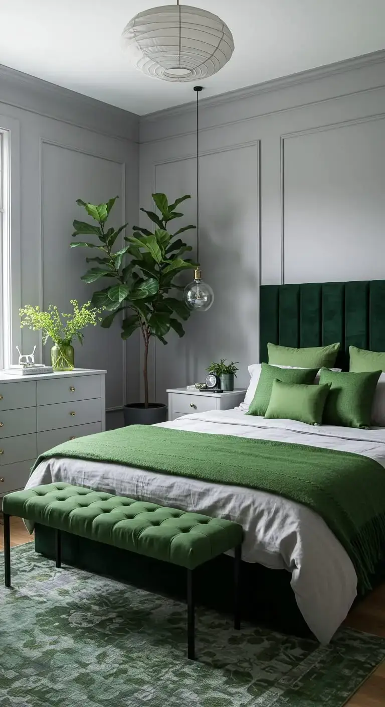 Stylish Gray Bedroom Ideas for a Cozy Look 13 10. Gray and Green for a Nature-Inspired Space