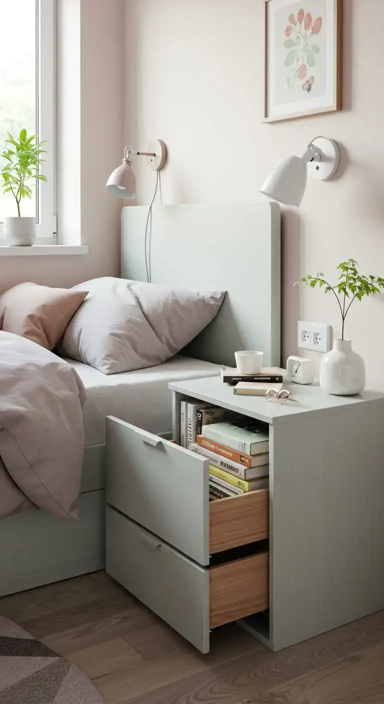 23 Stylish Tiny Bedroom Ideas That Maximize Space 12 10. Invest in Space-Saving Nightstands
