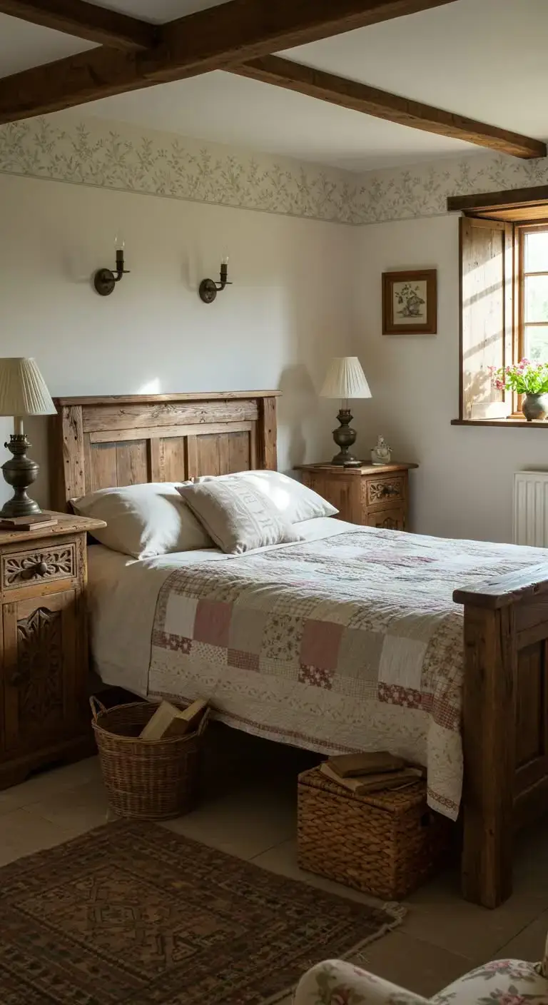 25 Simple English Cottage Bedroom Ideas to Try 13 Rustic Bedside Tables