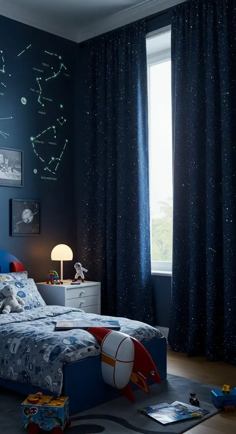 25 Space Themed Bedroom Ideas For Boy Toddlers You’ll Love 12 10. Starry Curtains