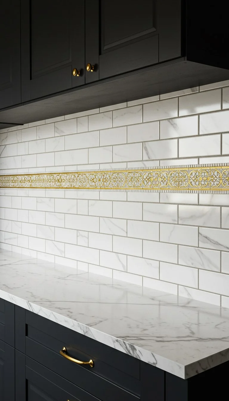 17 Stunning Backsplash Ideas for Dark Cabinet Kitchens 12 10. Subway Tile with Gold Accents