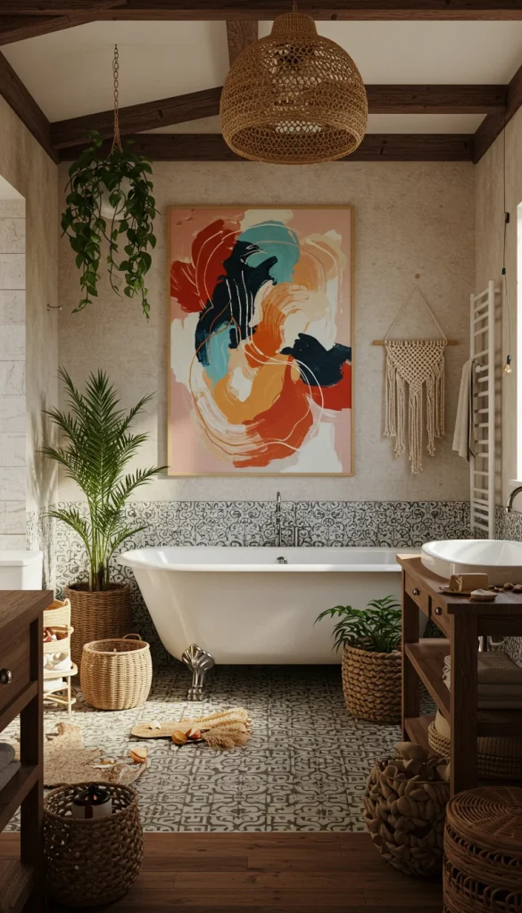 15 Boho Bathroom Ideas to Transform Your Space 10 10. Use Artistic Wall Art