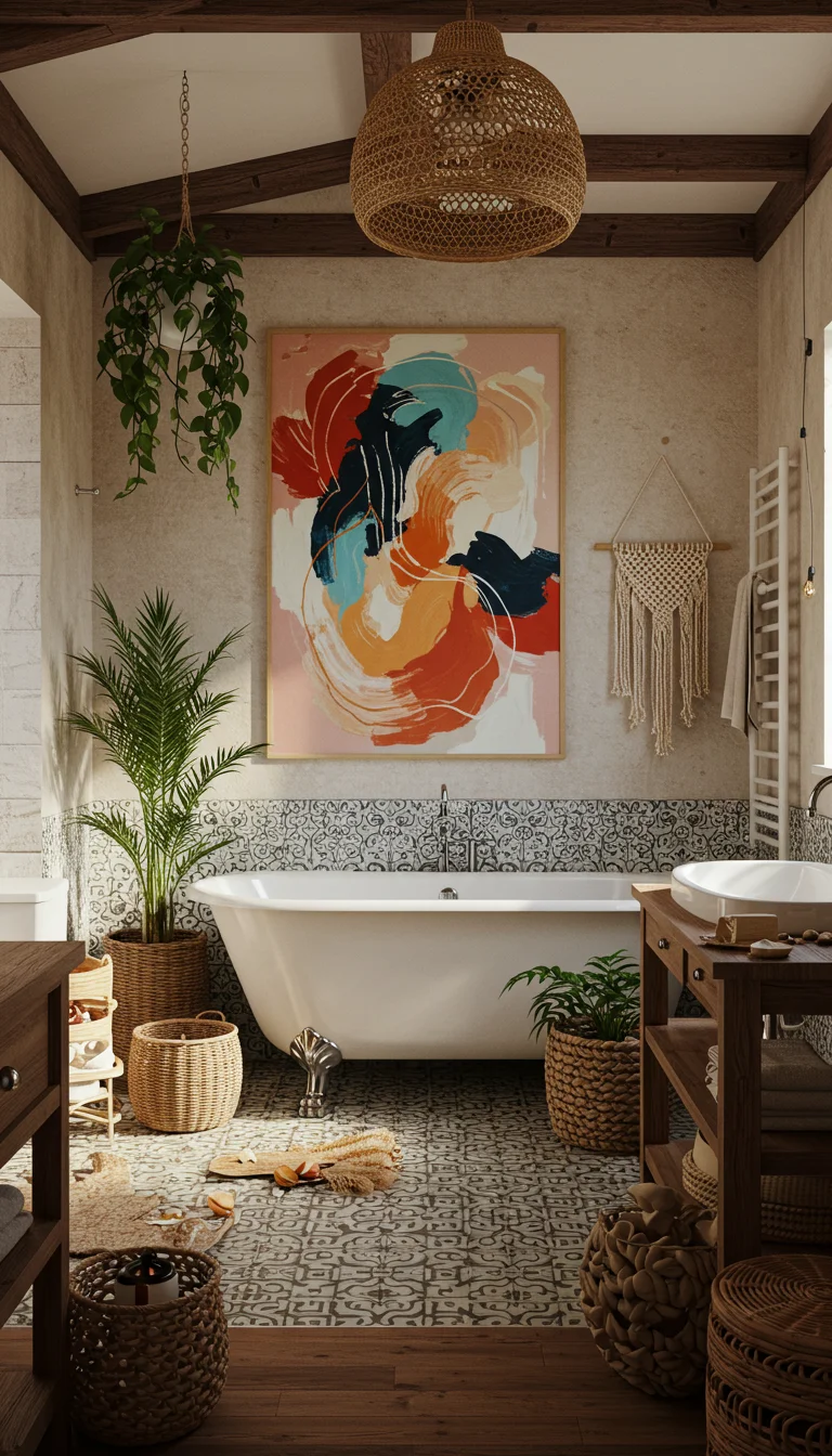 15 Easy Boho Bathroom Ideas to Refresh Your Space 12 10. Use Artistic Wall Art