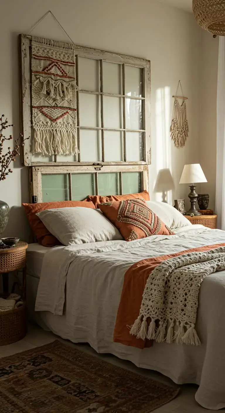 23 Boho Bedroom Headboard Ideas That Feel Warm & Stylish 12 10. Vintage Window Frame Headboard