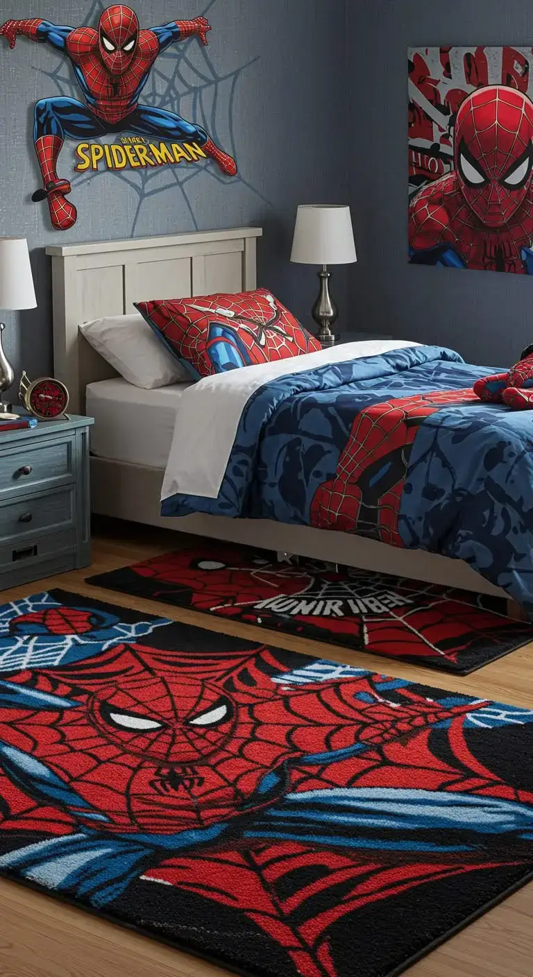 23 Spider Man Bedroom Ideas That Feel Bold and Playful 12 10. Web-Inspired Rugs