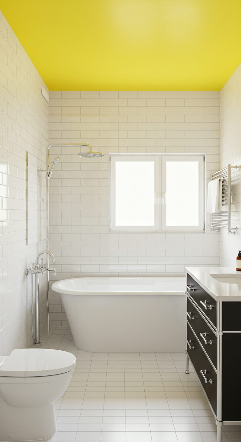 17 Bright and Stylish Yellow Bathroom Ideas You’ll Love 12 Yellow Ceiling for an Unexpected Surprise