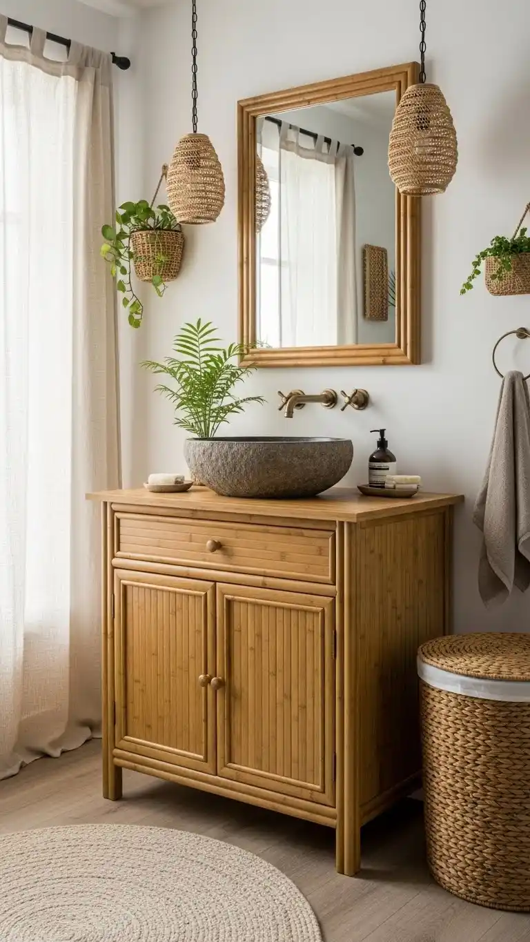 14 Boho Bathroom Sink Ideas for a Stylish Space 13 11. Bamboo Vanity with Stone Basin