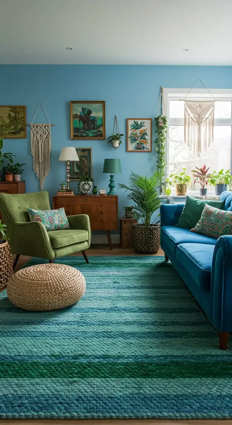 Blue and Green Living Room Ideas: 23 Stylish Looks 14 11. Blue and Green Boho-Inspired Living Room