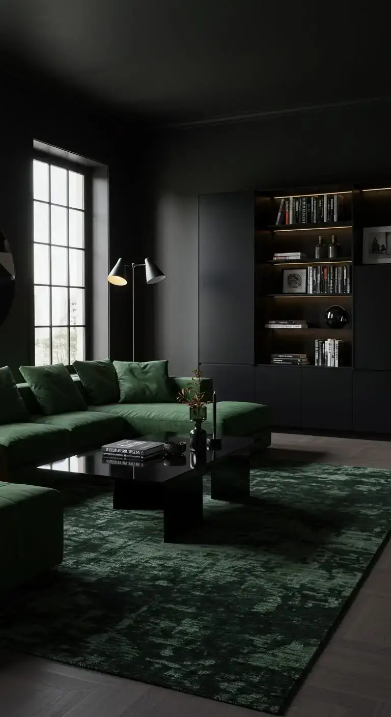 Black Living Room Ideas to Transform Your Space 14 11. Dark Green and Black Combination