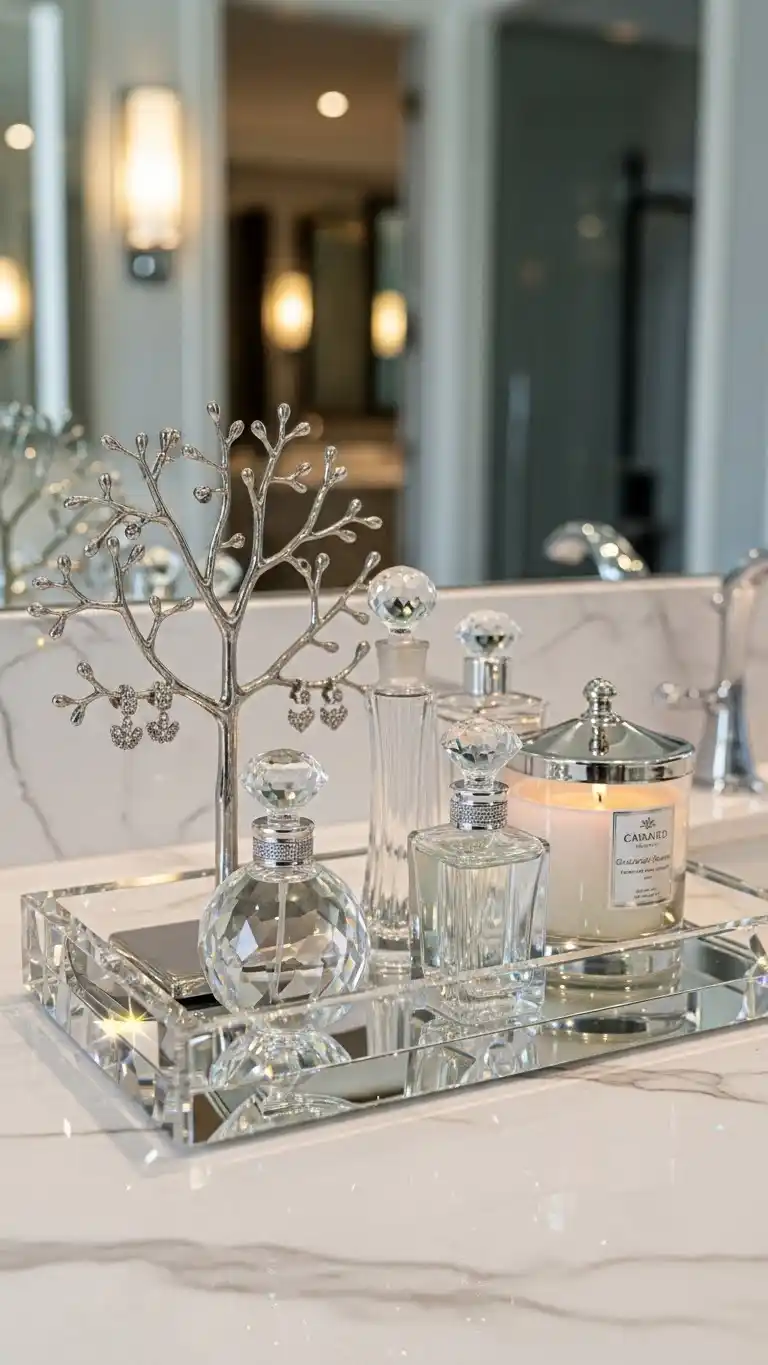 23 Bathroom Tray Decor Ideas for a Clean, Stylish Look 13 11. Glass and Crystal Glam