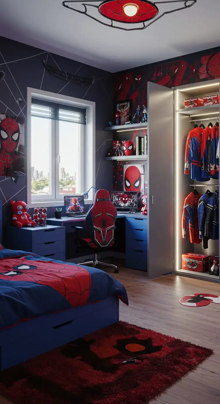 23 Spider Man Bedroom Ideas That Feel Bold and Playful 13 11. Hidden Superhero Closet