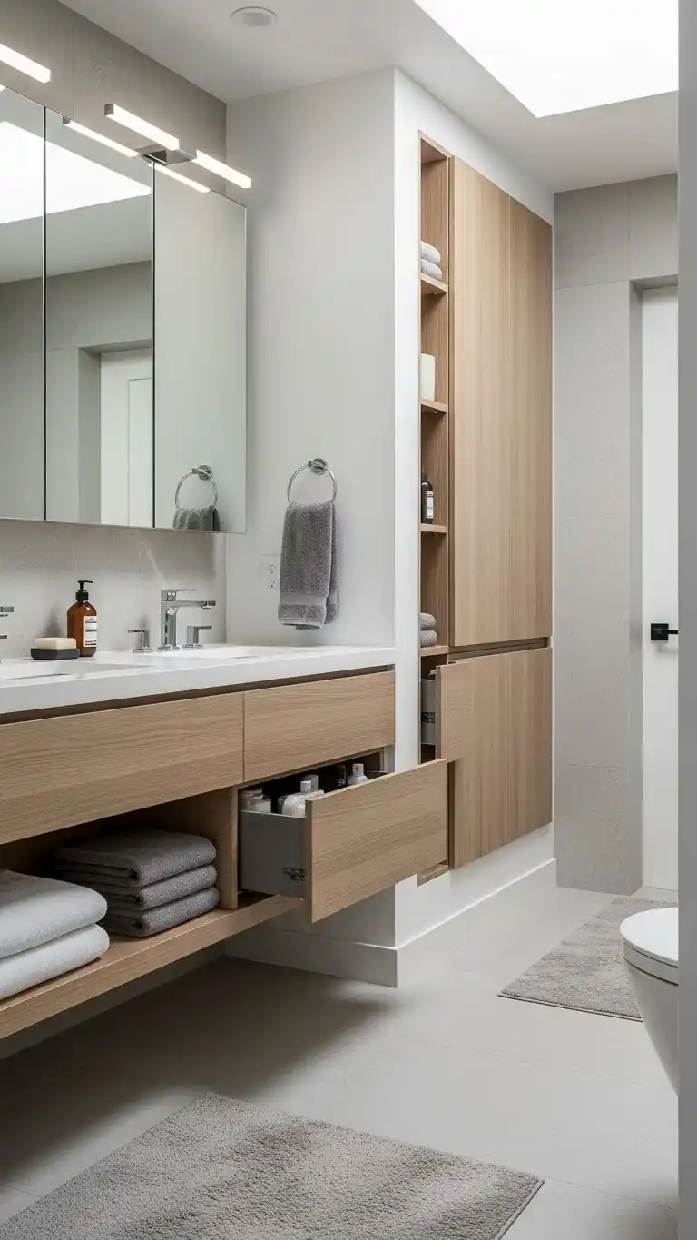 21 Inspiring Master Bathroom Ideas for a Fresh Look 13 11. Minimalist Storage Solutions