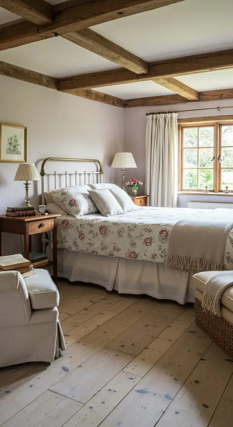 25 Simple English Cottage Bedroom Ideas to Try 14 Natural Wood Beams