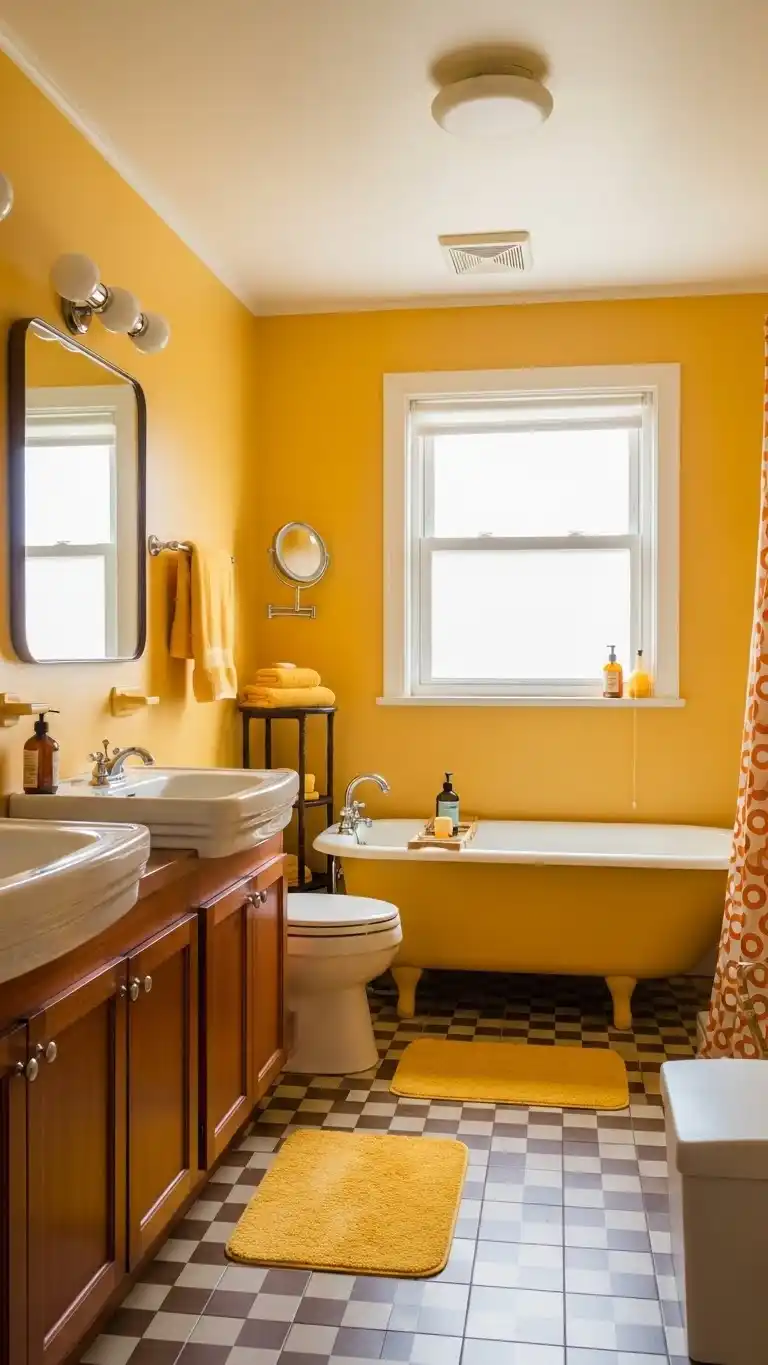 17 Bright and Stylish Yellow Bathroom Ideas You’ll Love 13 11. Retro-Inspired Yellow Bathrooms