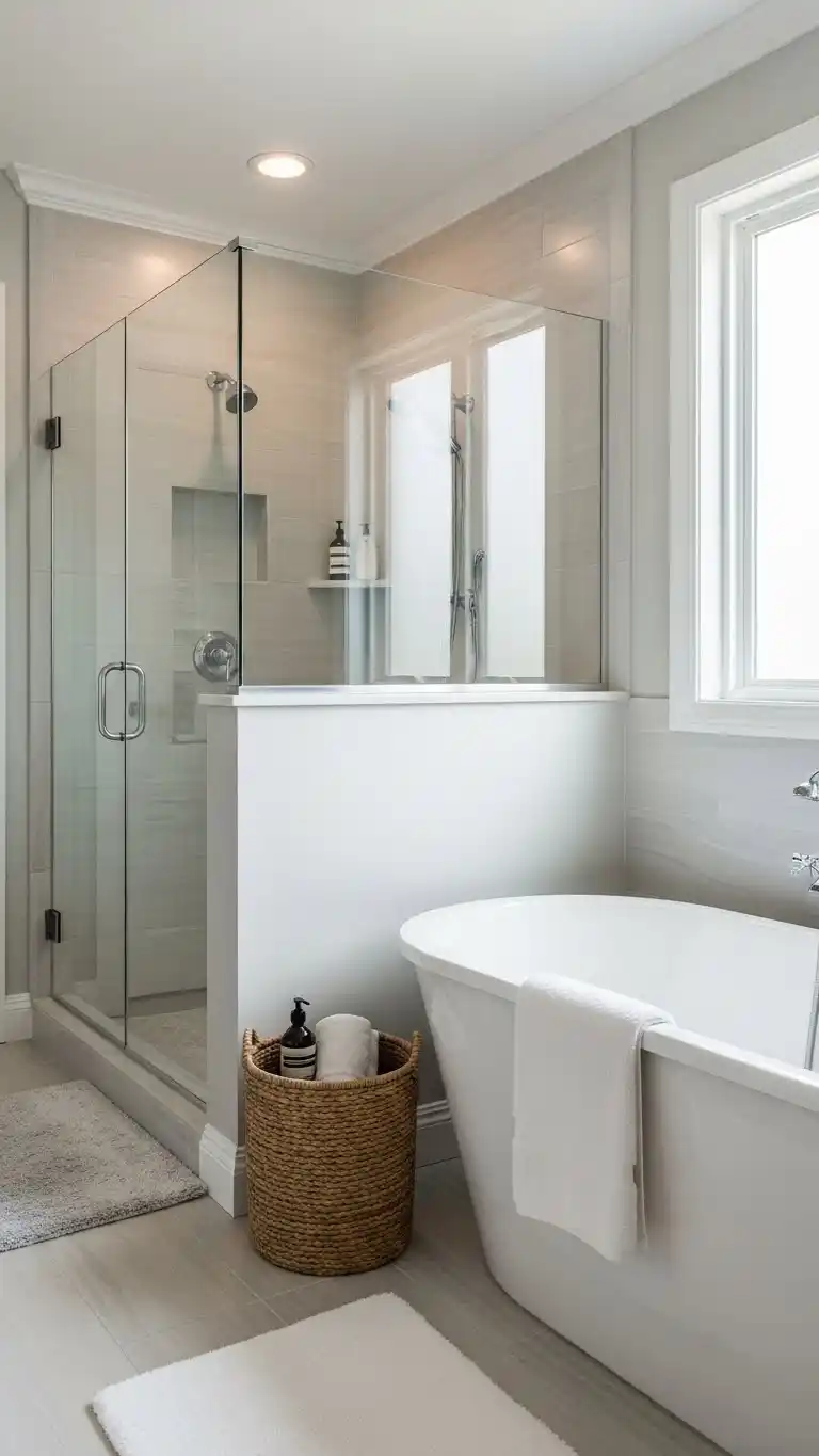 11 No Door Shower Ideas for a Modern Bathroom Look 13 11. Semi-Open Shower with Freestanding Tub