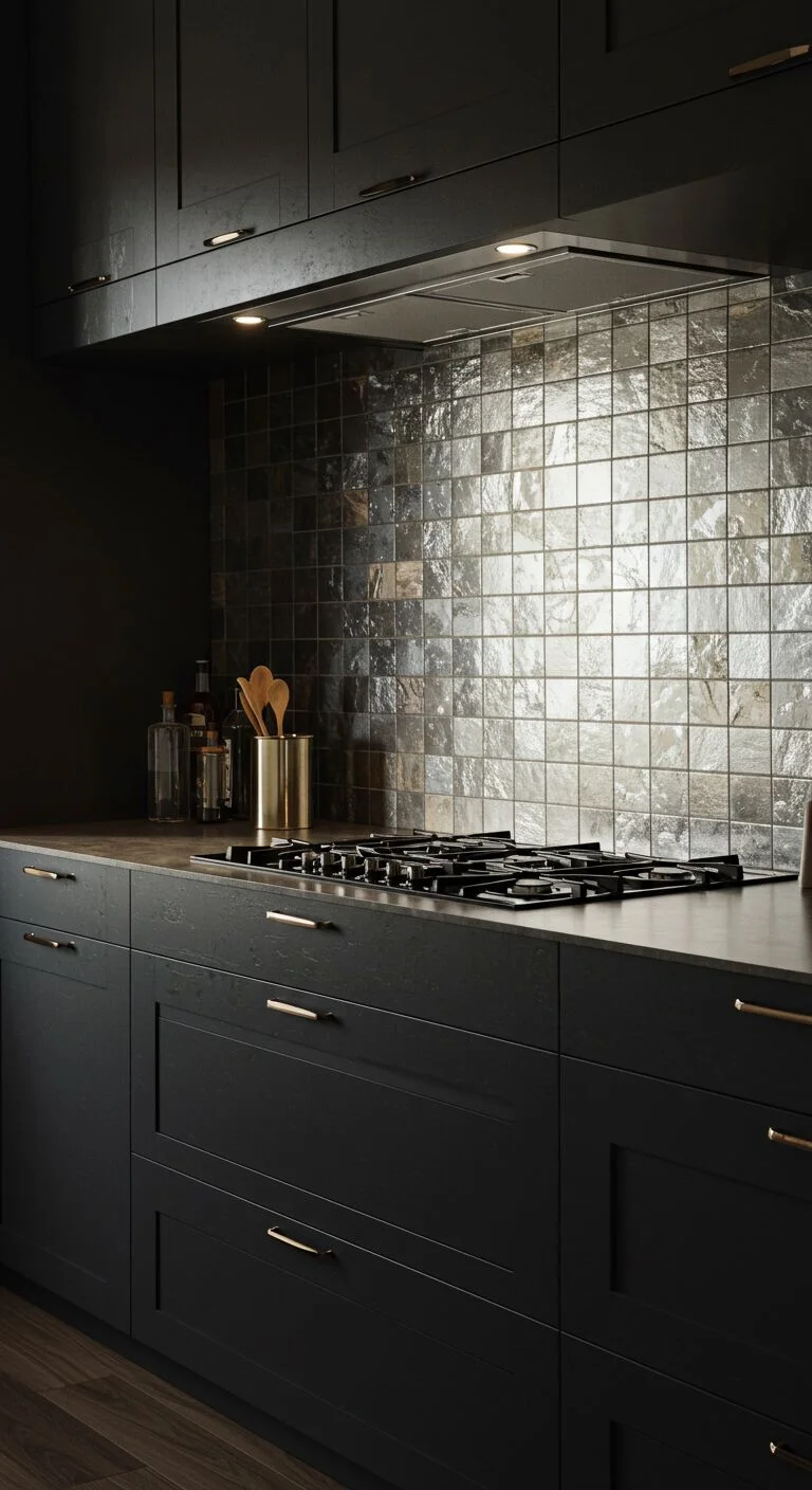 17 Stunning Backsplash Ideas for Dark Cabinet Kitchens 13 11. Shimmering Metallic Tiles