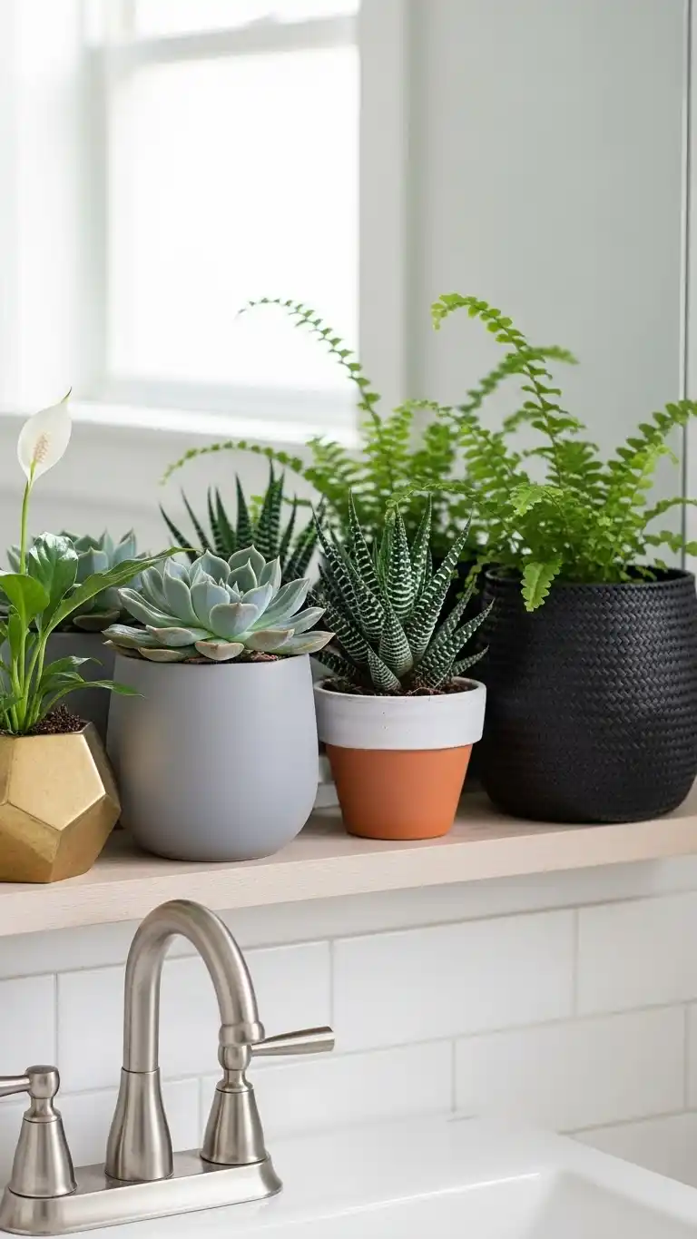 19 Bathroom Shelf Decor Ideas for a Stylish Space 13 11. Small Plants in Decorative Pots