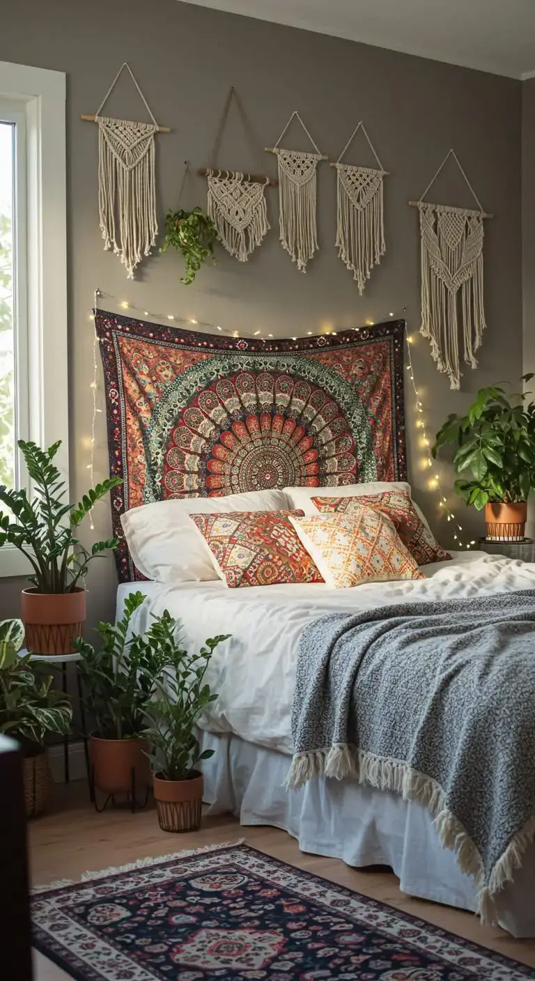 23 Boho Bedroom Headboard Ideas That Feel Warm & Stylish 13 11. Tapestry Headboard for a Soft, Bohemian Look