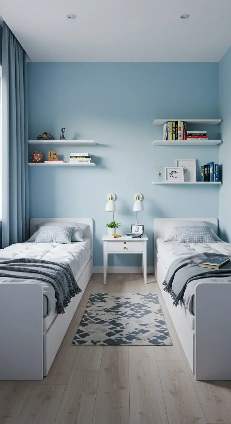 19 Small Shared Bedroom Ideas That Feel Calm and Organized 13 11. Use Floating Shelves for Extra Storage