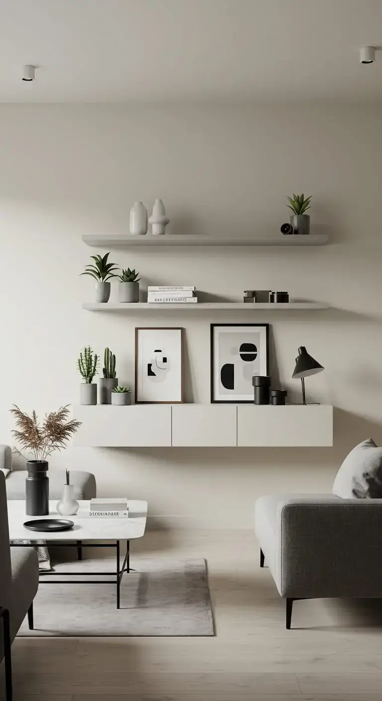 Minimalist Living Room Ideas for a Sleek, Modern Space 14 11. Use Floating Shelves for Minimalist Display