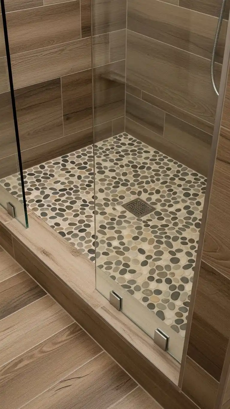 23 Walk In Shower Ideas That Feel Open & Luxurious 13 11. Walk-in Shower with a Pebble Floor