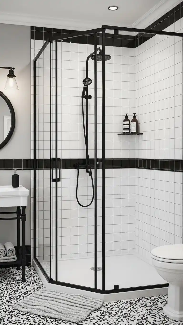 23 Walk In Shower Ideas That Feel Open & Luxurious 14 12. Black and White Walk-in Shower Design