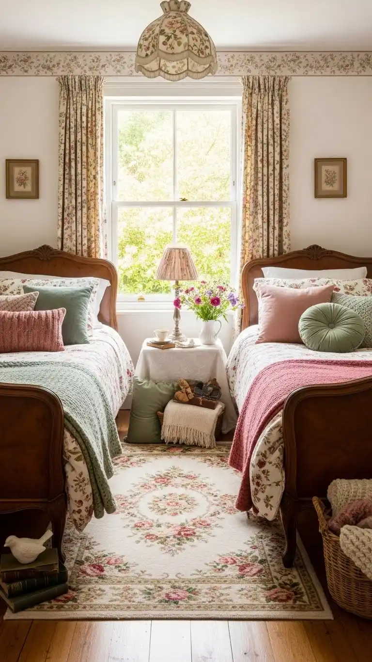 19 Small Shared Bedroom Ideas That Feel Calm and Organized 14 12. Create an English Cottage-Inspired Retreat