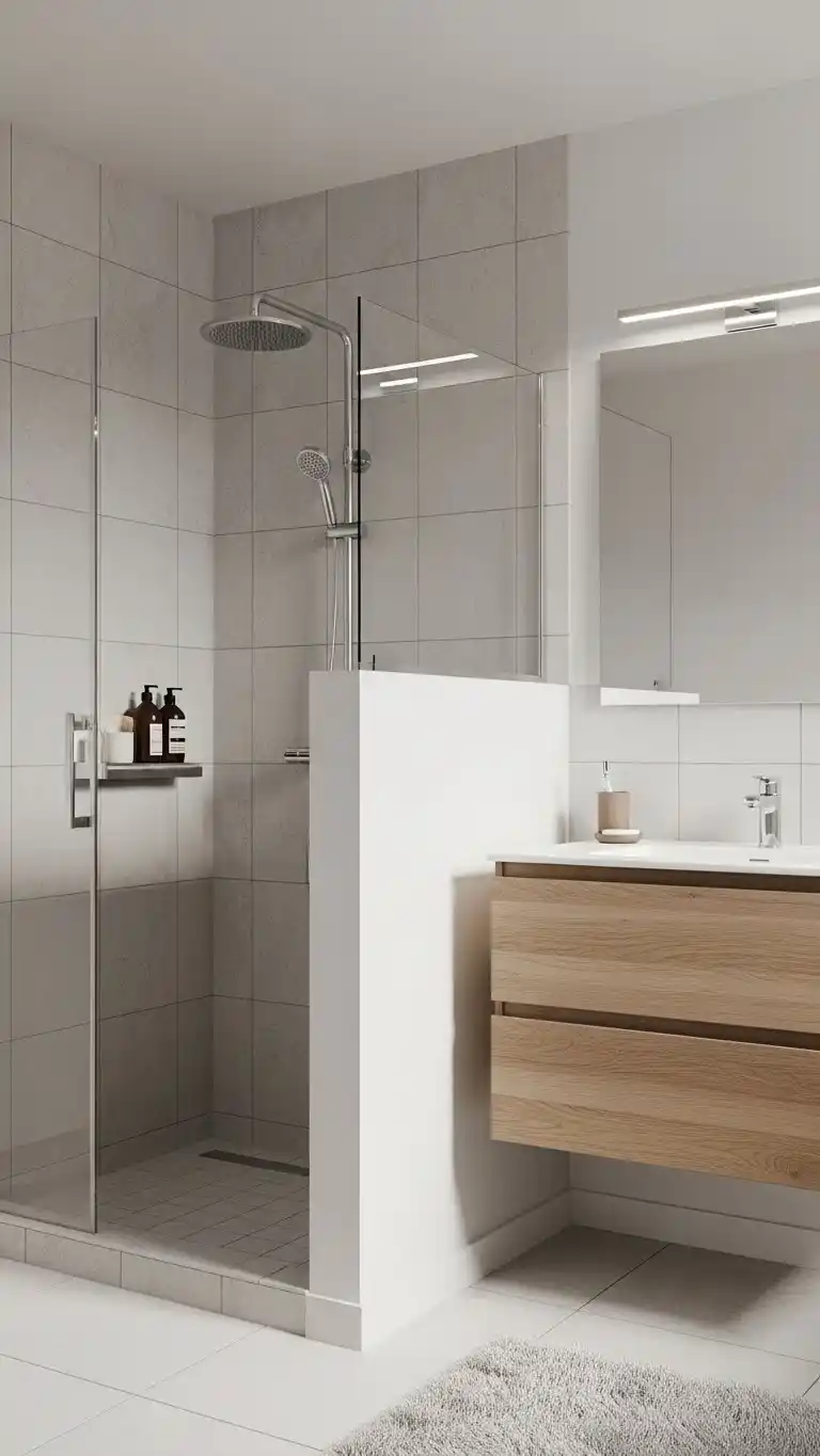 12 Half Wall Shower Ideas for a Bright & Chic Bathroom 14 12. Half Wall with a Floating Vanity