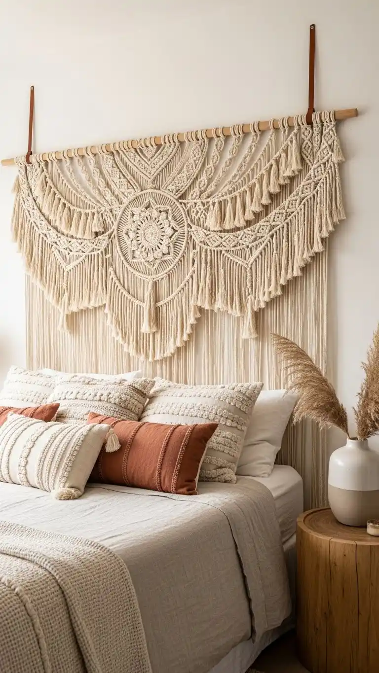 23 Boho Bedroom Headboard Ideas That Feel Warm & Stylish 14 12. Hanging Woven Wall Art Headboard