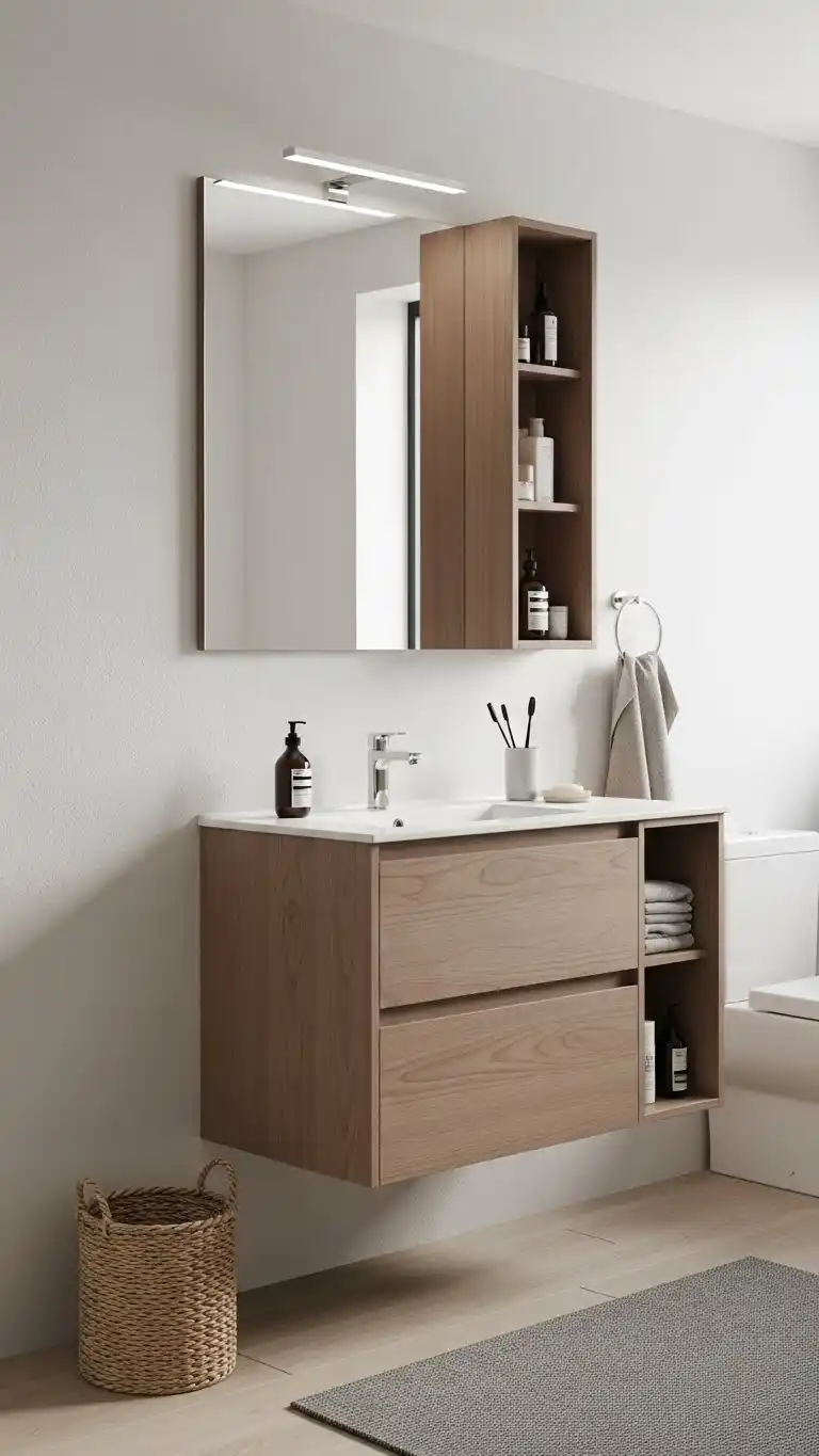 17 Bright & Breezy Bathroom Decoration Ideas 14 12. Install a Wall-Mounted Vanity