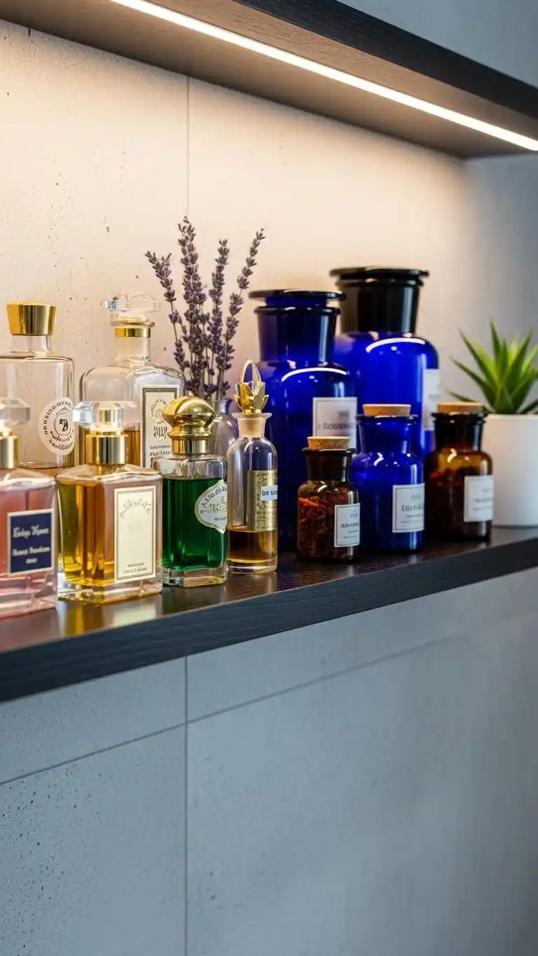 19 Bathroom Shelf Decor Ideas for a Stylish Space 14 12. Perfume Bottles and Apothecary Jars