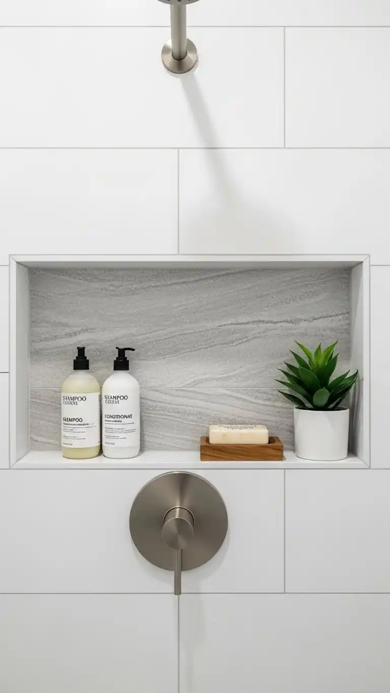 17 Stylish Guest Bathroom Ideas on a Budget 14 12. Shower Niche for Storage