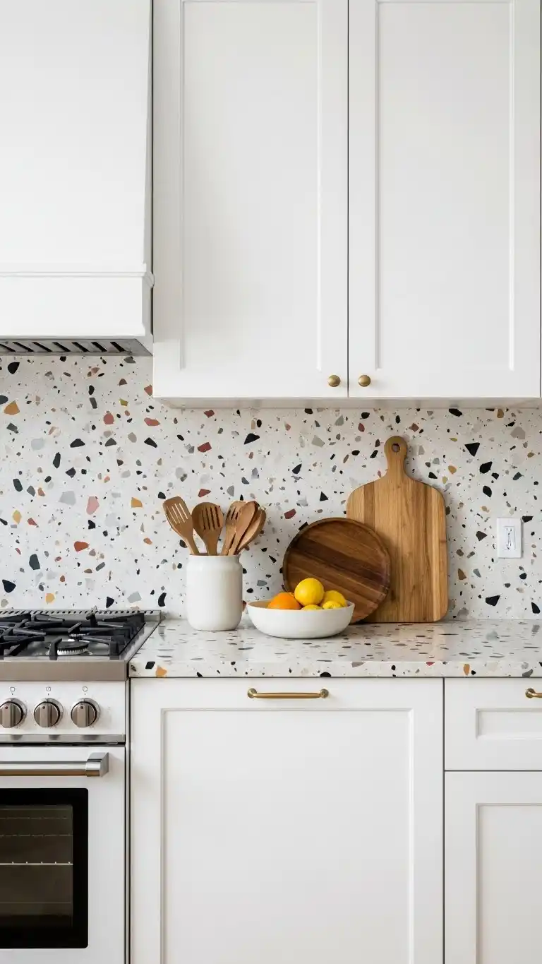 13 Stunning Kitchen Backsplash Ideas for White Cabinets 15 12. Terrazzo Backsplash for a Trendy Look