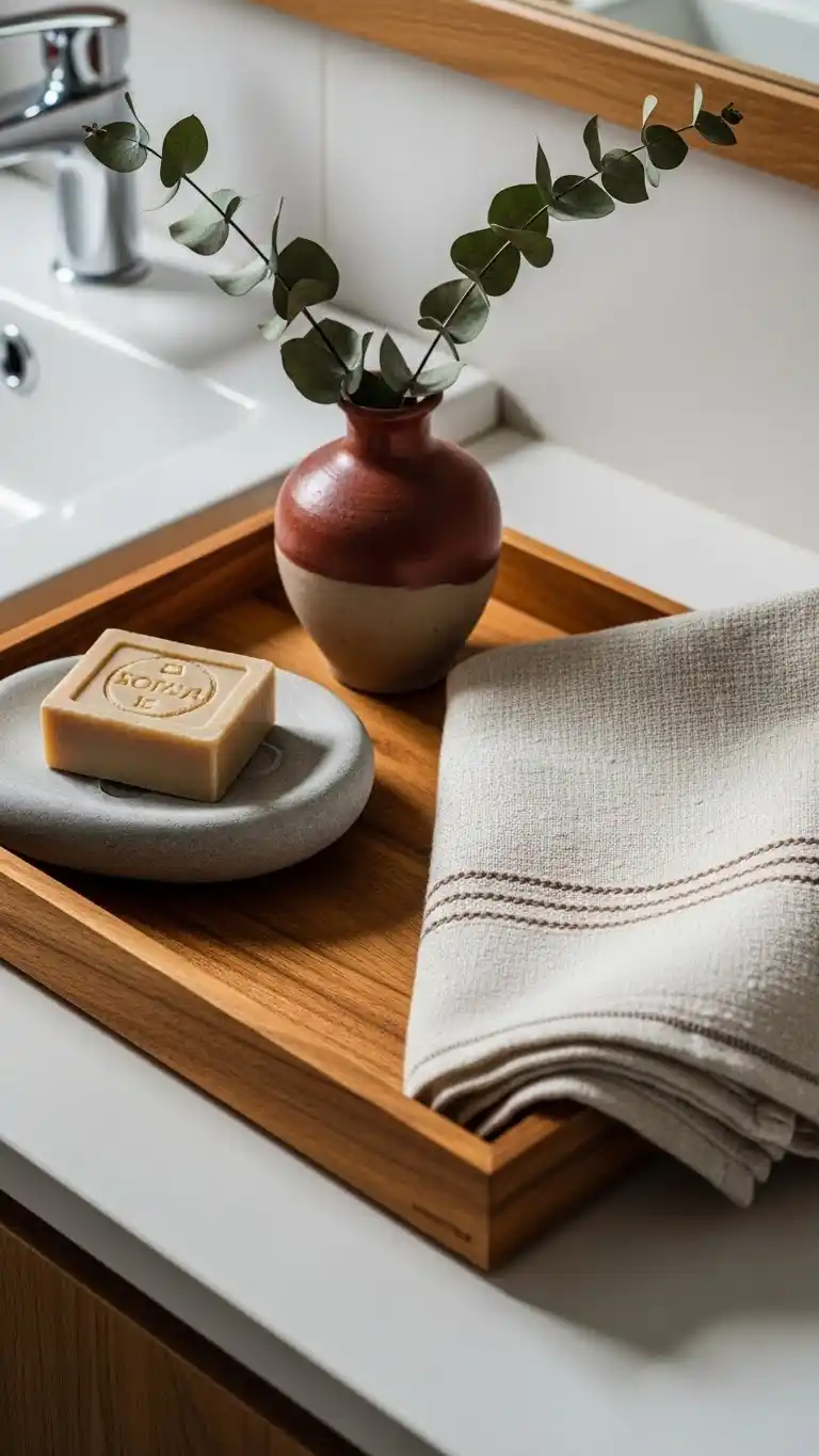 23 Bathroom Tray Decor Ideas for a Clean, Stylish Look 14 12. Warm Wooden Tones
