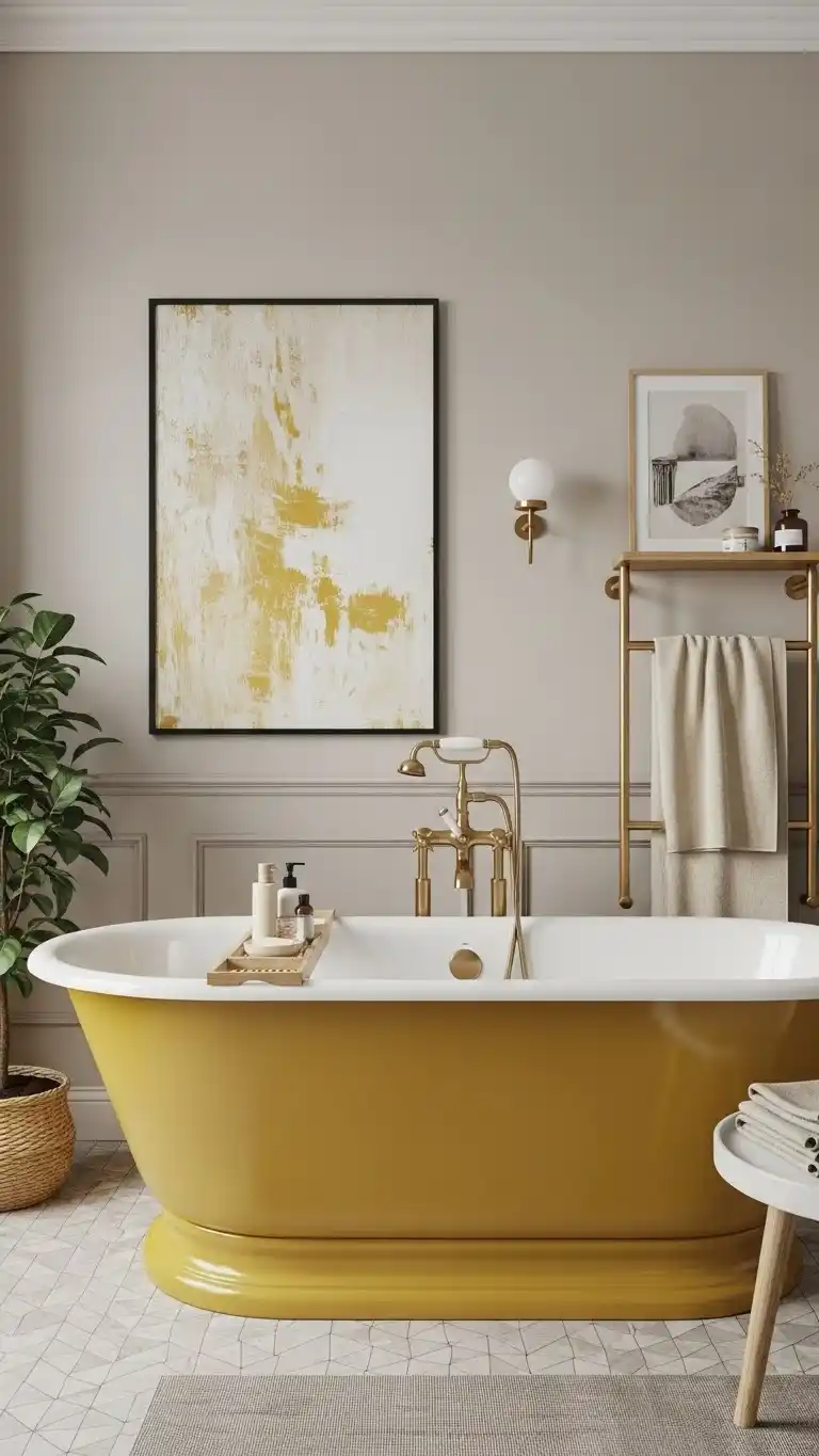 17 Bright and Stylish Yellow Bathroom Ideas You’ll Love 14 12. Yellow Bathtub for a Standout Feature