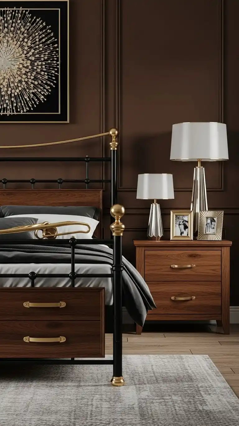 19 Stylish Black and Brown Bedroom Ideas for Any Home 16 13. Black and Brown with Metallic Accents