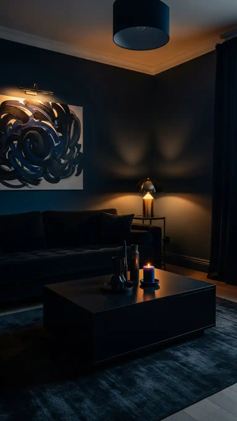 Black Living Room Ideas to Transform Your Space 16 13. Black and Navy Blue for a Moody Atmosphere